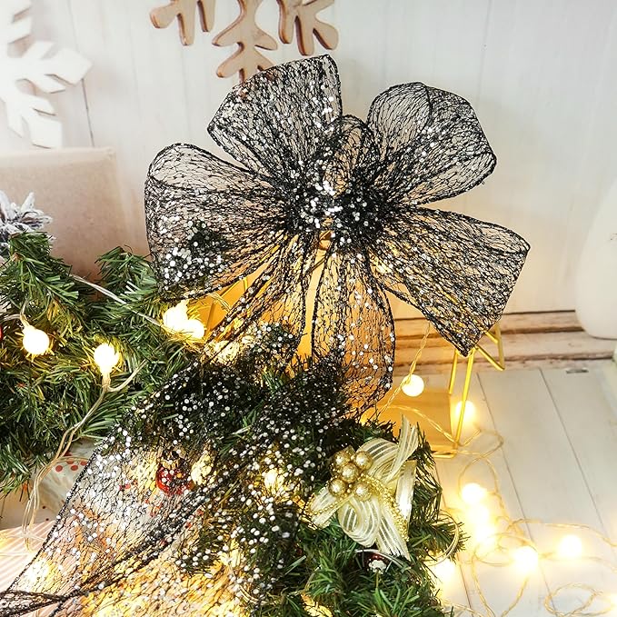CT CRAFT LLC Sparkling Glitter Mesh Wired Ribbon 4" x 10 Yards Black for Christmas Home Decor Bow Gift Wrapping DIY Crafts Wreath