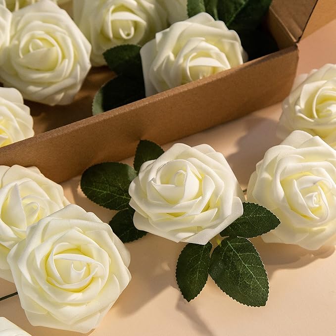 Artificial Flower Foam Rose 25pcs Real Looking Fake Rose with Stems Leaves for Home Decoration Party Garden Centerpieces DIY Wedding Bouquets(Ivory White)