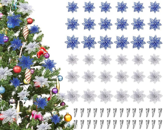 Boao Blue,Silver 24 Pieces Poinsettia Flower Christmas Glitter Artificial Poinsettia with Clips Christmas Tree Ornament Decorations for DIY Xmas Wreath Holiday Home Party Decor, 3/4/6 Inches