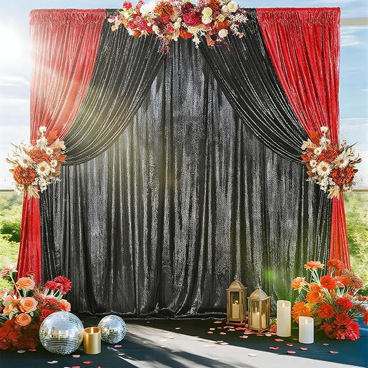 Christmas Backdrop Curtains Glitter Fabric - 4.8x8FT 4 Panels Red Background for Baby Shower Birthday Photography Decoration (19.2x8FT)