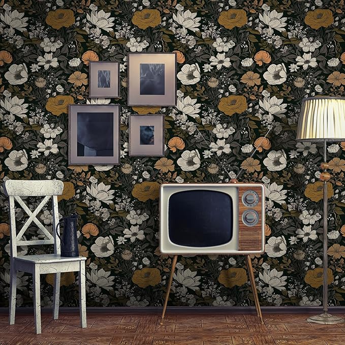 17.3"x118" Vintage Wallpaper Boho Peel and Stick Dark Floral Wall Paper Contact Paper Wildflowers Botanical Papers Removable Renter Friendly Wallpaper