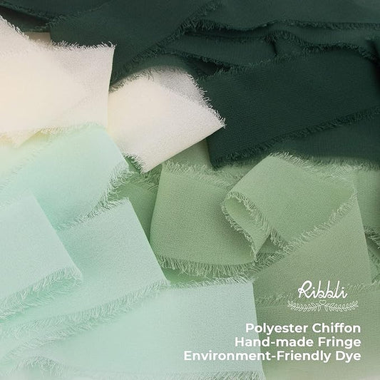 Ribbli Forest Green Chiffon Ribbon 1-1/2 inch x 20 Yard Handmade Fringe Chiffon Silk Ribbon,Black Ribbon for Wedding Invitations, Bridal Bouquets Wrapping, Flower Arrangement Decoration
