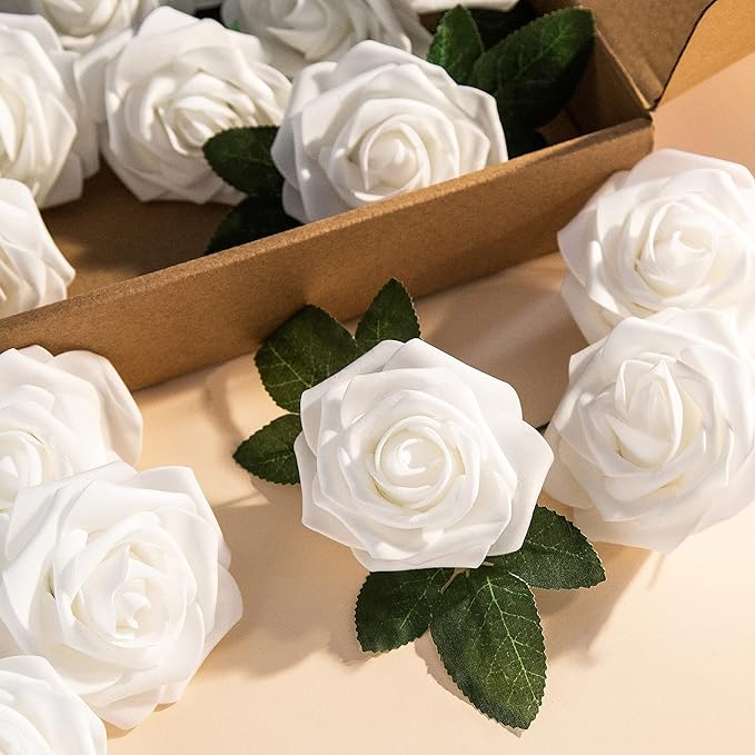 Artificial Flower Foam Rose 25pcs Real Looking Fake Rose with Stems Leaves for Home Decoration Party Garden Centerpieces DIY Wedding Bouquets(White)