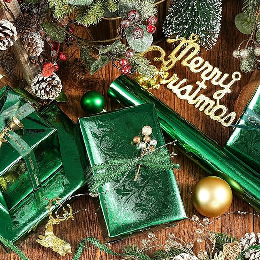 LeZakaa 3D Embossed Floral Foil Gift Wrapping Paper, Vintage Flower Metallic Foil for Birthday Christmas Party Holiday Gift Wrap, for DIY Crafts Scrapbook, Mini Roll 17 inch x 32.8 Ft(Green)