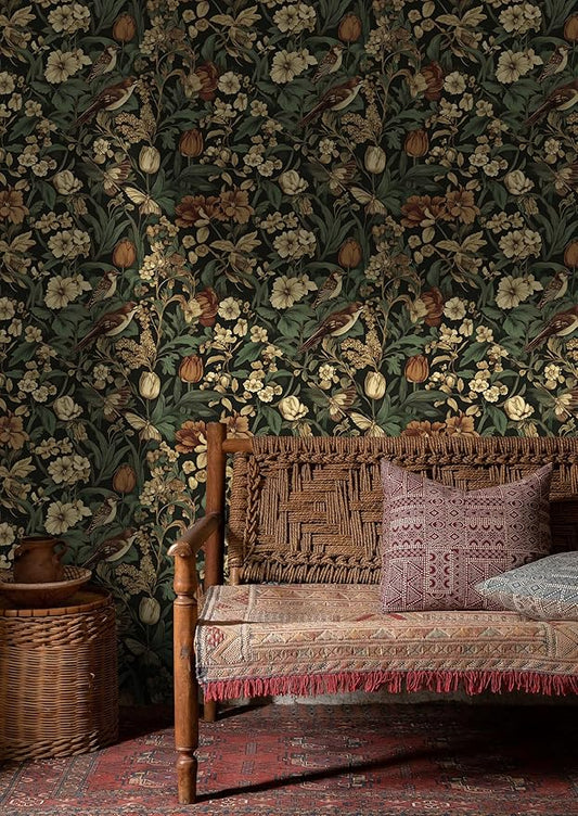 Erfoni 17.3" x 394" Bird Floral Peel and Stick Wallpaper Vintage Contact Paper for Livingroom Floral and Leaf Self Adhesive Wall Paper Retro DIY Removable Decorative Wallpaper Vinyl Roll Dark