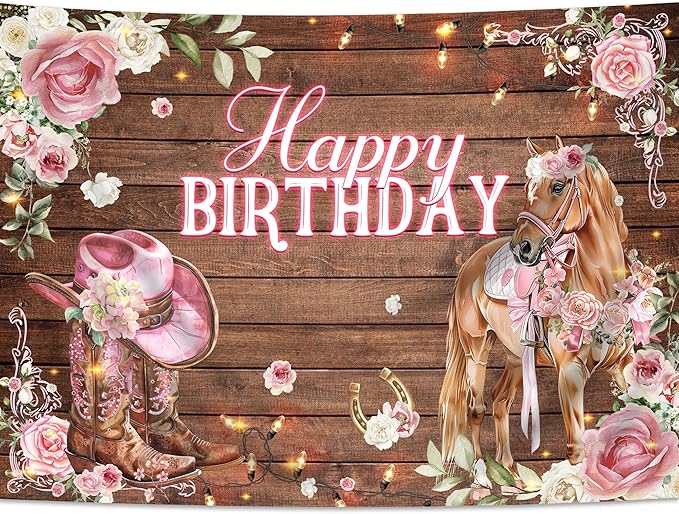 SVBright Cowgirl Birthday Backdrop for Women, Western Horse Barn Door,Pink Rose Flowers Farmhouse Rustic,Natural Wildflower Wood Boot Hat Decorations Photography Background Banner Photo Studio 7Wx5H