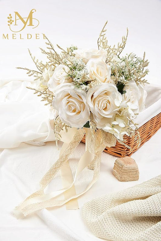 Meldel 8.66 Inch Wedding Bouquets for Birde Bridesmiads, Bridal Bouquet for Birde Wedding, White Champagne Artificial Roses Flowers Wedding Decoration