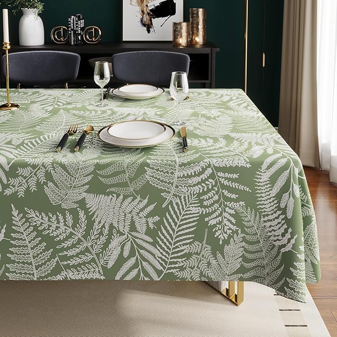 Rectangle Table Cloth,100% Waterproof Tablecloth Oil Proof Spill Proof Vinyl Table Cloth, Wipe Clean Plastic Table Cover for Dining, Camping, Indoor and Outdoor 54" x 120",Green Leaves