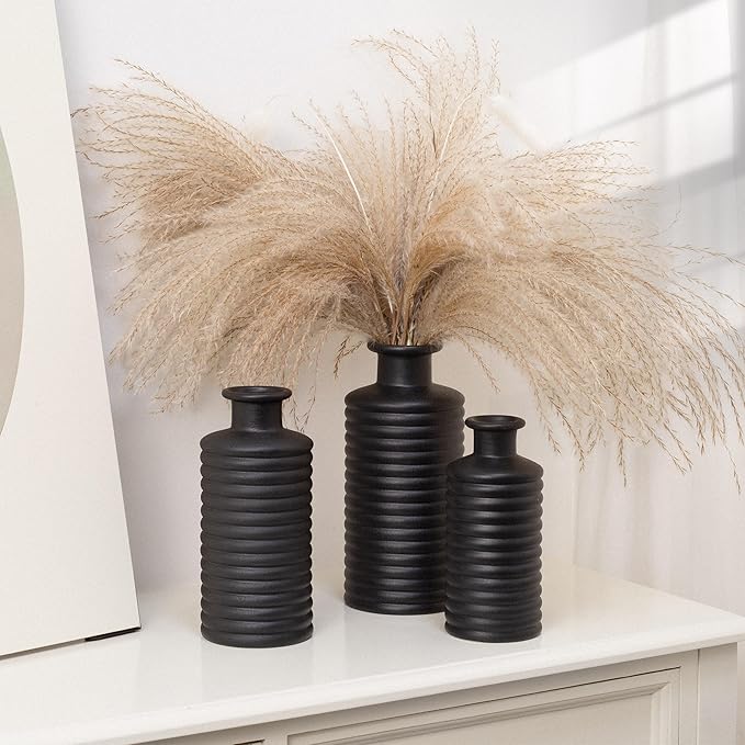 Black Ceramic Vases for Home Decor, Modern Farmhouse Frosted Semi Matte Textured Decorative Vase Set, Unique Vase for Entryway, Coffee Table, Shelf, Small Pampas Grass and Flowers