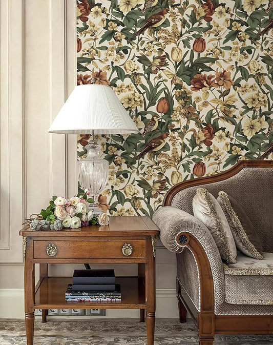 Erfoni 17.3" x118" Floral Birds Wallpaper Vintage Floral Peel and Stick Wallpaper Decoration DIY Self Adhesive Contact Paper Removable Wall Paper for Bedroom Cabinets Covering Boho Flower Leaf Beige