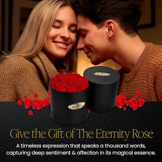 The Eternity Rose 16-Piece Preserved Roses in a Luxury Gift Box – Real Roses in Black Round Box – A Valentine’s Gift as Everlasting as Your Love