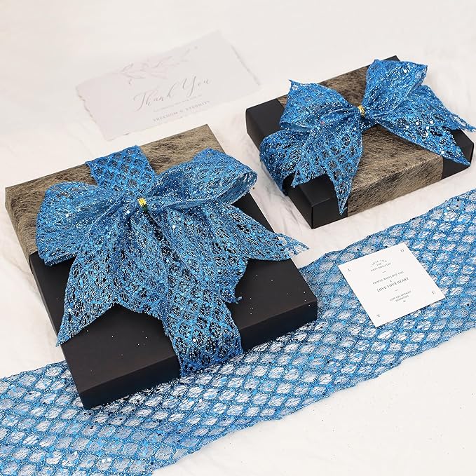 VATIN 4" Blue Christmas Ribbon, Blue Glitter Mesh Diamond Web Sequin Dots Wired Christmas Ribbon for Gift Wrapping Bow Making Wreath Supply-10 Yards