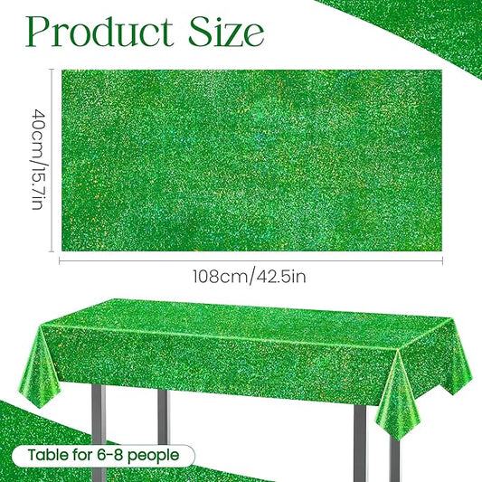 1 pcs Green Holographic Laser Tablecloth 40" x 108" Christmas Table Cloth Shimmer Shining Plastic Metallic Table Cover for Jungle Safari Wild One Baby Shower Birthday Party Decoration Supplies