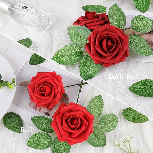 AmyHomie Artificial Flowers Red Rose 50pcs Real Looking Fake Roses w/Stem for DIY Wedding Bouquets Centerpieces Arrangements Party Baby Shower Valentines Day Christmas Tree Decorations
