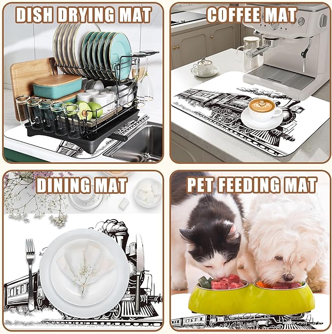 Retro Steam Train Dish Drying Mat for Kitchen Counter Bar Mat Hide Stain Absorbent Rubber Backed Coffee Mat Coffee Maker Espresso Machine Bar Accessories 11.8 x 19.7 Inch