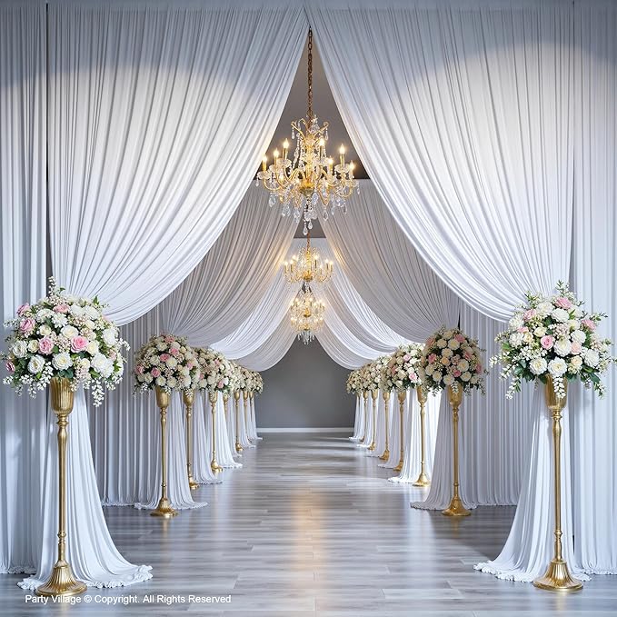 PartyVillage 20ft×15ft White Backdrop Curtain for Wedding Parties, 4 Panels Wrinkle Free 15 FT Long Polyester Photo Backdrop Drapes Back Drop Cloth for Birthday Photography Background