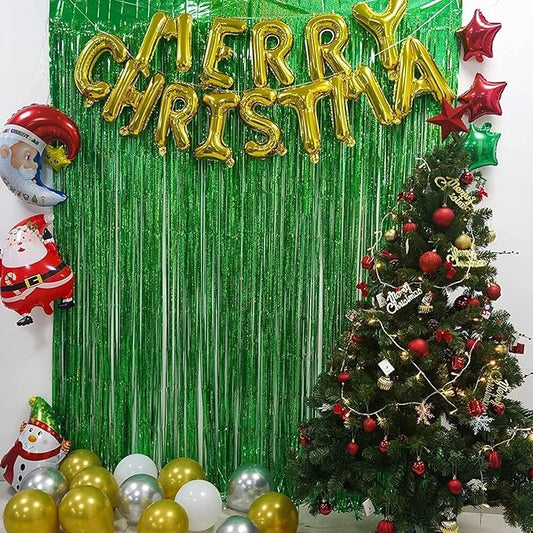BRAVESHINE Green Metallic Tinsel Foil Fringe Curtains - 2 Pack 3.2 x 8.2 ft Metallic Photo Backdrop for Graduates-Theme/St Patricks Day/Hawaiian/Luau/Dinosaur/Jungle-Theme/Christmas Party Decorations