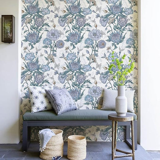 Floral Wallpaper Peel and Stick Floral Contact Paper Blue and Purple Wall Paper Removable Self Adhesive Vinyl Stick on Wallpaper for Bathroom Bedroom Decor 17.3in x 118in
