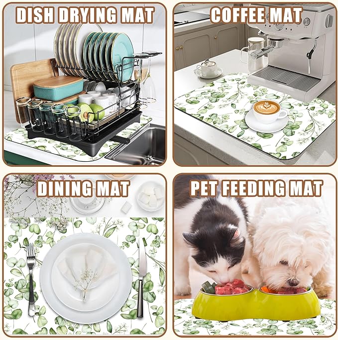 Eucalyptus Leaves Dish Drying Mat for Kitchen Counter Bar Mat Hide Stain Absorbent Rubber Backed Coffee Mat Coffee Maker Espresso Machine Accessories 11.8 x 19.7 Inch