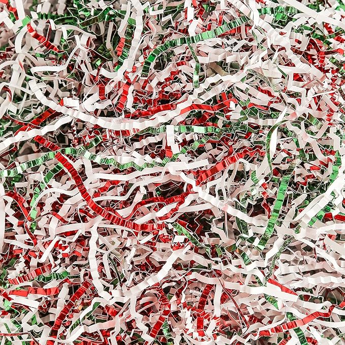 UNIQOOO 1/2 LB Metallic Red Green White Crinkle Cut Paper Shredded Filler, Christmas Peppermint Candy Cane Raffia Tissue Zig, Strands Shred Craft Bedding Cushion,Wedding Birthday Gift Boxes Bag Retail
