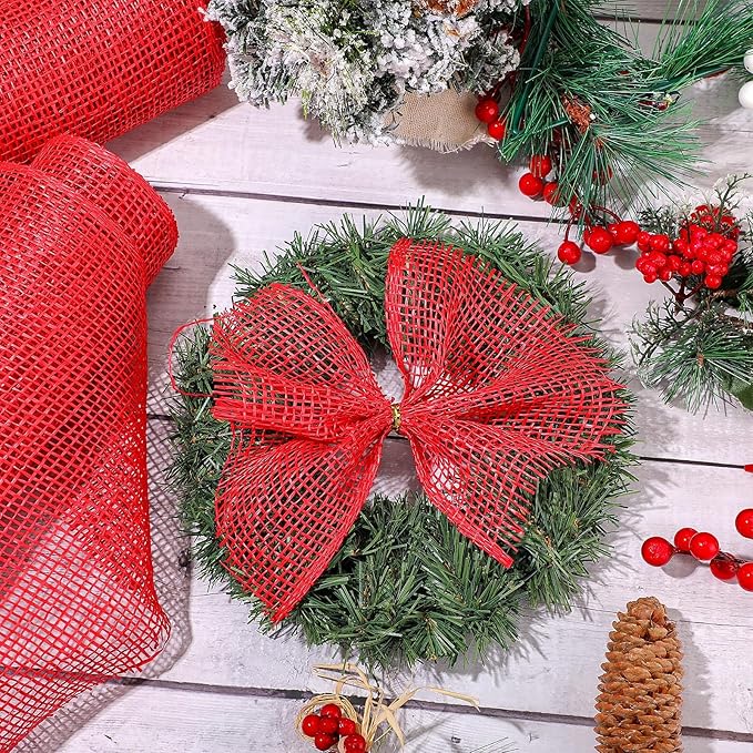Chuangdi 4 Rolls Poly Burlap Mesh Poly Burlap Deco Ribbon Mesh Roll for Christmas Spring Summer Easter 4th of July DIY Flower Wreath Garland, 10 Inch(Red)