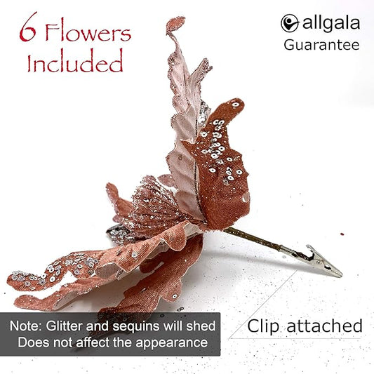 allgala XF93305 Glitter and Sequin Decorated Fabric Poinsettia Artificial Christmas Flower with Clips (Pack of 6, Pink Fade)