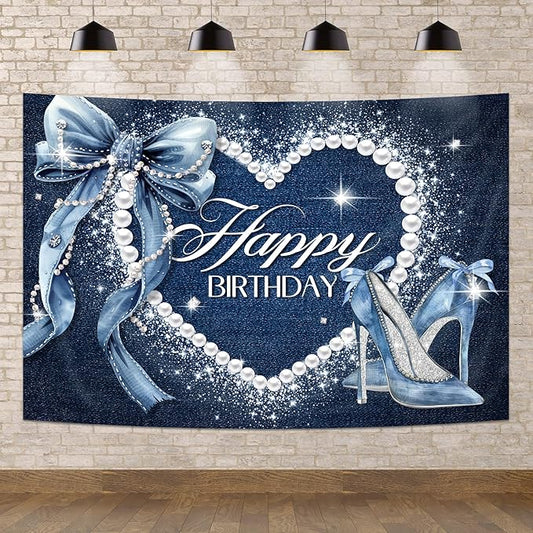 Denim and Diamonds Bow Backdrop 5Wx3H Photography Silver High Heels Happy Birthday Banner Pearl for Women Girls Background Blue Coquette Party Decorations Banner Photo Booth Props Supplies