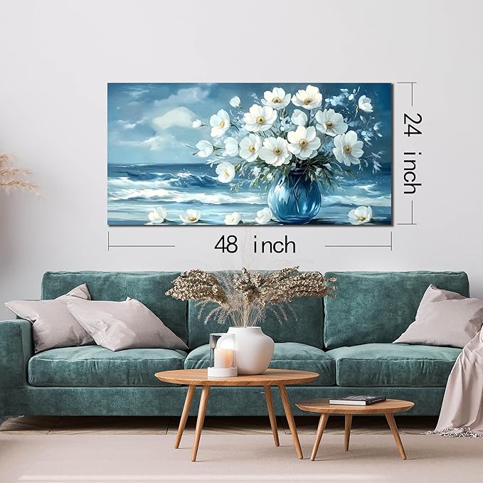 Flower Wall Art for Living Room, Ocean Canvas Wall-Decor for Bedroom, Blue and White Picture Print Artwork for Office, Size 48 x 24 Inches