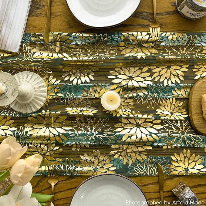 Artoid Mode 3PCS Green Gold Dahlia Flower Gauze Table Runner 120 Inch 10FT, Glitter Metallic Foil Seasonal Sheer Dining Holiday Table Decor for Home Party