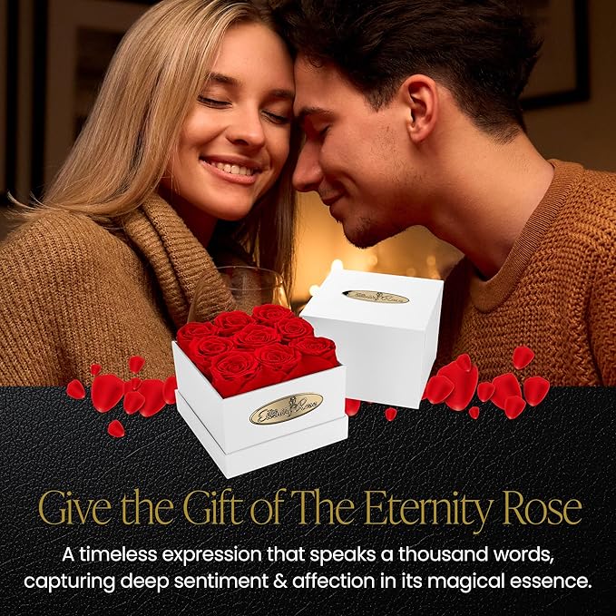 The Eternity Rose 9-Piece Preserved Roses in a Luxury Gift Box – Real Roses in Square White Box – A Valentine’s Gift as Everlasting as Your Love