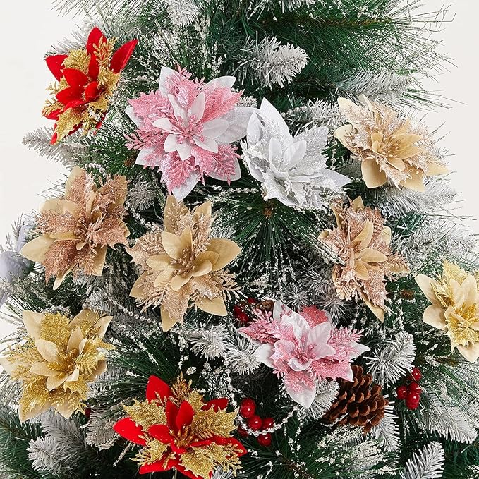 15Pcs Christmas Poinsettia Artificial Flowers Decorations, Glitter Poinsettia Christmas Tree Ornaments, Champagne Tree Flowers for Xmas/Holiday/Wreath/Garland Decor, with Cilps, 5.5 Inch