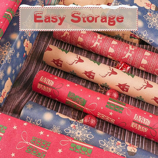 Happypapa Christmas Wrapping Paper, Kraft Xmas Wrapping Paper Rolls - Jingle Bell, Reindeer, Gift and Snowflakes Pattern - 4 Rolls - 17 Inch × 120 Inch Per Roll