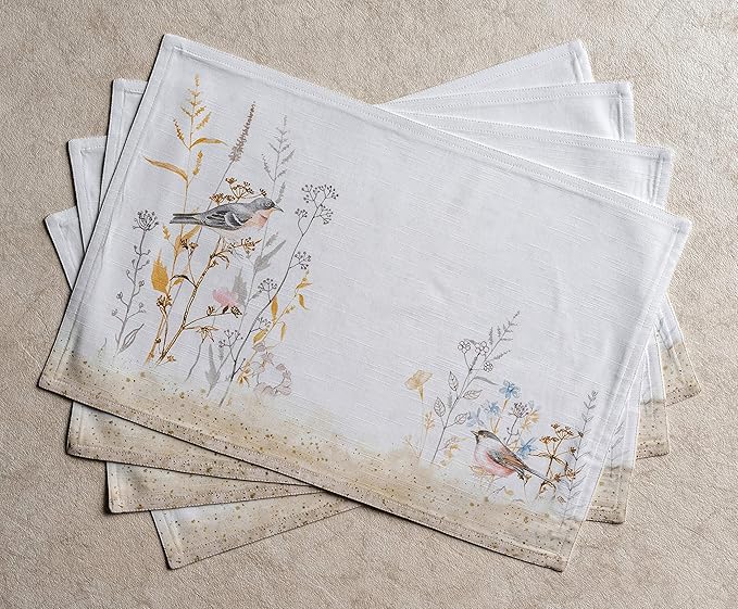 Maison d' Hermine Placemats Set of 4 100% Cotton Washable Cloth Place Mats, Reusable Table Mats for Kitchen Dining Decoration, Party, Restaurant Spring/Summer (Meadow Florals - Beige, 13" x 19")
