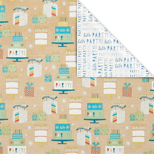 American Greetings 175 sq. ft. Reversible Wrapping Paper for Birthdays and All Occasions, Birthday Cakes and Gifts (1 Roll, 30 in x 70 ft.)