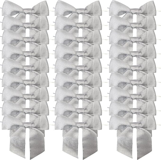 36pcs 4-1/2" Metallic Silver Glitter Ribbon Bows with Twist Ties for Gift Wrapping Packing Christmas Big Bows for Thanks Giving Giant Twist Tie Bows for Holiday Decoration (Silver)