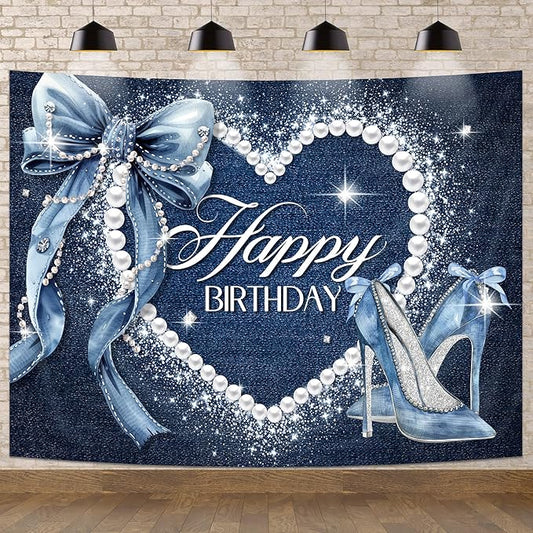 Denim and Diamonds Bow Backdrop 8Wx6H Photography Blue Coquette Silver High Heels Happy Birthday Banner for Women Girls Background Pearl Party Decorations Banner Photo Booth Props Supplies