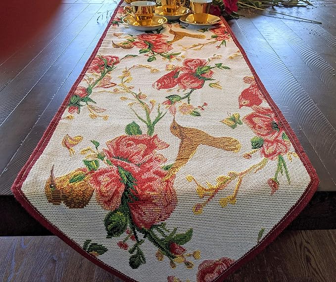 Tache Floral Red Roses Birds Ivory Woven Table Runner - Vintage Tapestry Kitchen Dining Dinner Linens Cloth - 13 x 72 inches