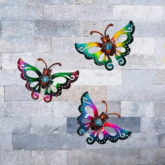 Garden Decor Clearance Metal Butterfly Wall decor 3D Wall Art Hanging Christmas for Patio Fence, Set of 3, 9 inch, Indoor Outdoor Christmas Gift for Family