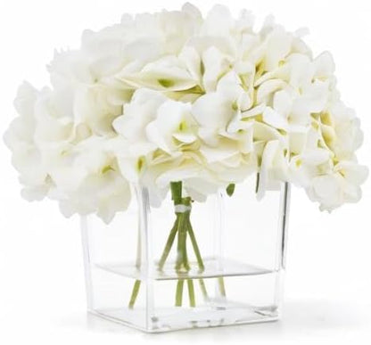 Silk Hydrangea Artificial Flowers in Vase with Faux Water, Silk Flower Arrangements in Vase for Wedding, Dining Table, Living Room (Cream White)