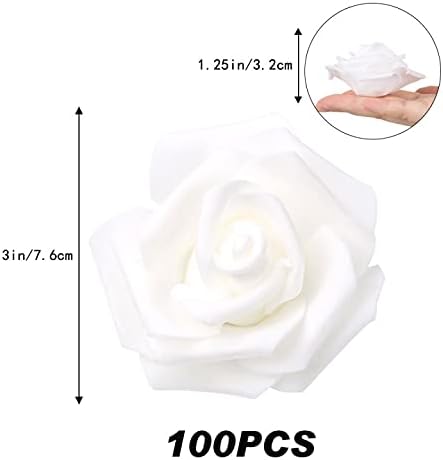 200pcs White Artificial Foam Rose Flower Head, 3-Inch Fake Flower Heads Stemless Flowers for DIY Crafts,Wedding Bouquets Centerpieces Arrangements Party Baby Shower Home Decor (White)