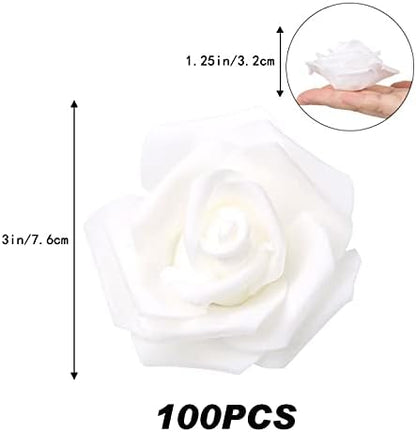 Artificial Rose Flower Heads, 100pcs White Foam Roses Artificial Flower Heads Fake Rose for DIY Wedding Bouquets Centerpieces Arrangements Party Baby Shower Home Decor (Stemless,White)