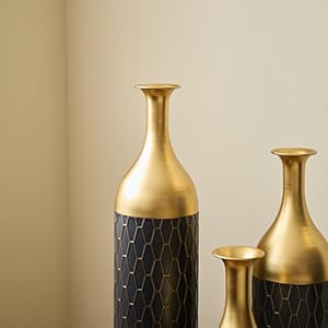 Floor Oversized Gold Metal Decorative Vase with 3D Triangle Pattern Set of 3 Large Vases for Home Living Room 33.5 ", 29.5 ", 25.2" High (Matte Black)