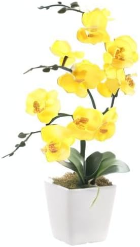 15" Tall Artificial Silk Phalaenopsis Orchid Flower Plant Pot Arrangements (Yellow)