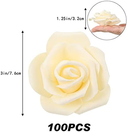 IPOPU Artificial Rose Flower Heads, 100 Pcs Real Looking Creamy Yellow Foam Fake Roses for DIY Wedding Baby Shower Centerpieces Arrangements Party Tables Home Decorations (Cream Yellow, Stemless)