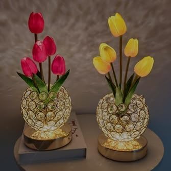 Cordless Tulip Flower Lamps, 3 Colors Touch Stepless Dimming Crystal Night Light, Rechargeable Artificial LED Flower with Vase Lamp Romantic Decor for Mothers Day,Xmas,Birthday (Pink)
