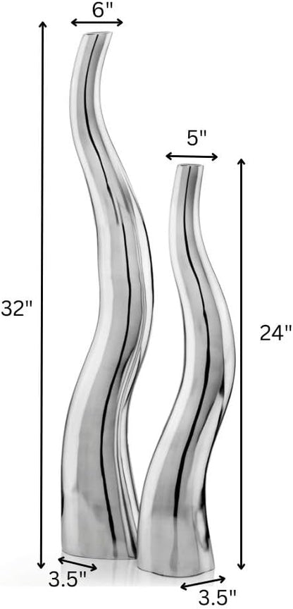 Modern Day Accents 6586 Curva Tall Wiggly Vases Set of 2, Silver, Aluminum, Contemporary, Modern, Popular, Glam, Floor Standing, Large 6" L, 3.5" W, 32" H, Small Vase: 5”L x 3.5”W x 24" H House Decor