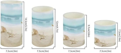 Beach Starfish Seashell Flameless LED Battery Candles 4 Pieces Pillar Fake Candles with Colored Light 4H 8H Timer Remote for Wedding Beach Party Coastal Room Decor