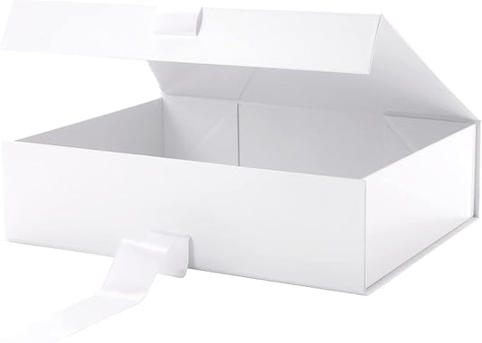 GREEN BEAN Large Gift Box with Lid for Presents 13x9.7x3.4 Inches, White Magnetic Gift Box with Ribbon, Bridesmaid Proposal Box, Luxury Gifts Box (Glossy White)