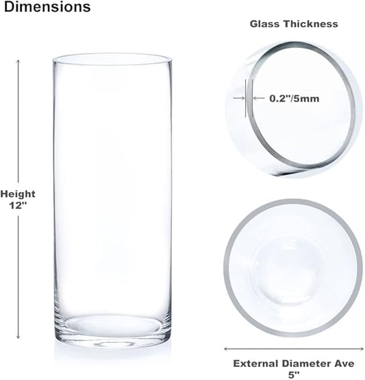 Enova Floral Cylinder Glass Vase 5 x 12 Inches Round Large Flower Vase, Pillar Candle Floating Candle Holder Vase, Tall Glass Vase for Flowers, Glass Vase for Decor, Wedding Centerpieces (1 Piece)