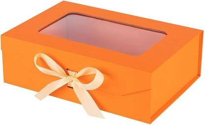 Orange Gift Box for Presents with Ribbon 10.8x7.5x3.5 Inches Clear Gift Box with Window Magnetic Closure Gift Boxes with Lids